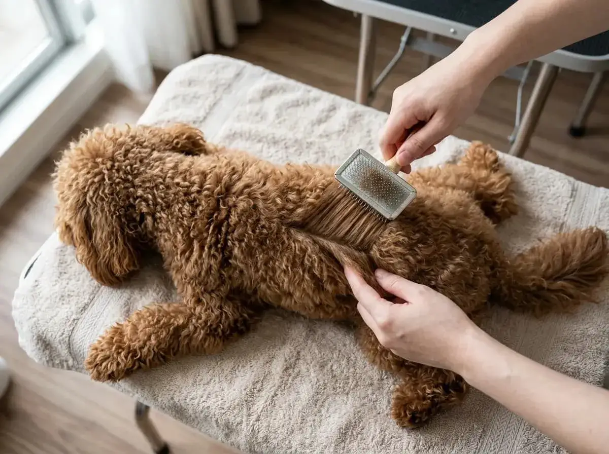 Brązowy maltipoo leży na ręczniku, a jego kudłate włosy są szczotkowane.