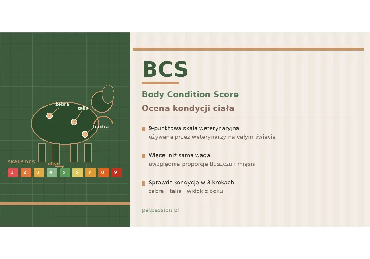 Schemat oceny kondycji ciała psa (skala BCS) z zaznaczonymi żebrami, talią i biodrami. Skala od 1 do 9.