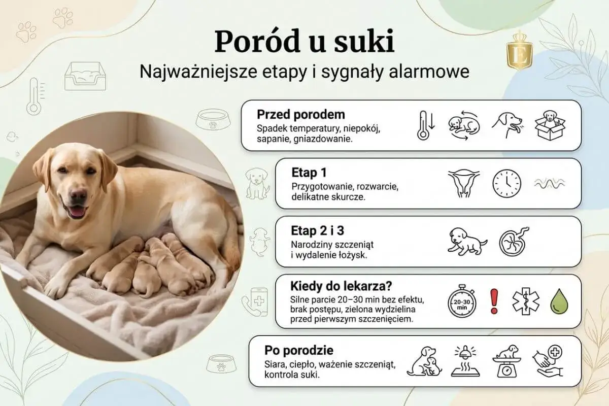 Labradorka z szczeniętami. Informacje o porodzie u suki: etapy, sygnały alarmowe i kiedy do weterynarza. Ciąża u psa trwa ok. 63 dni.